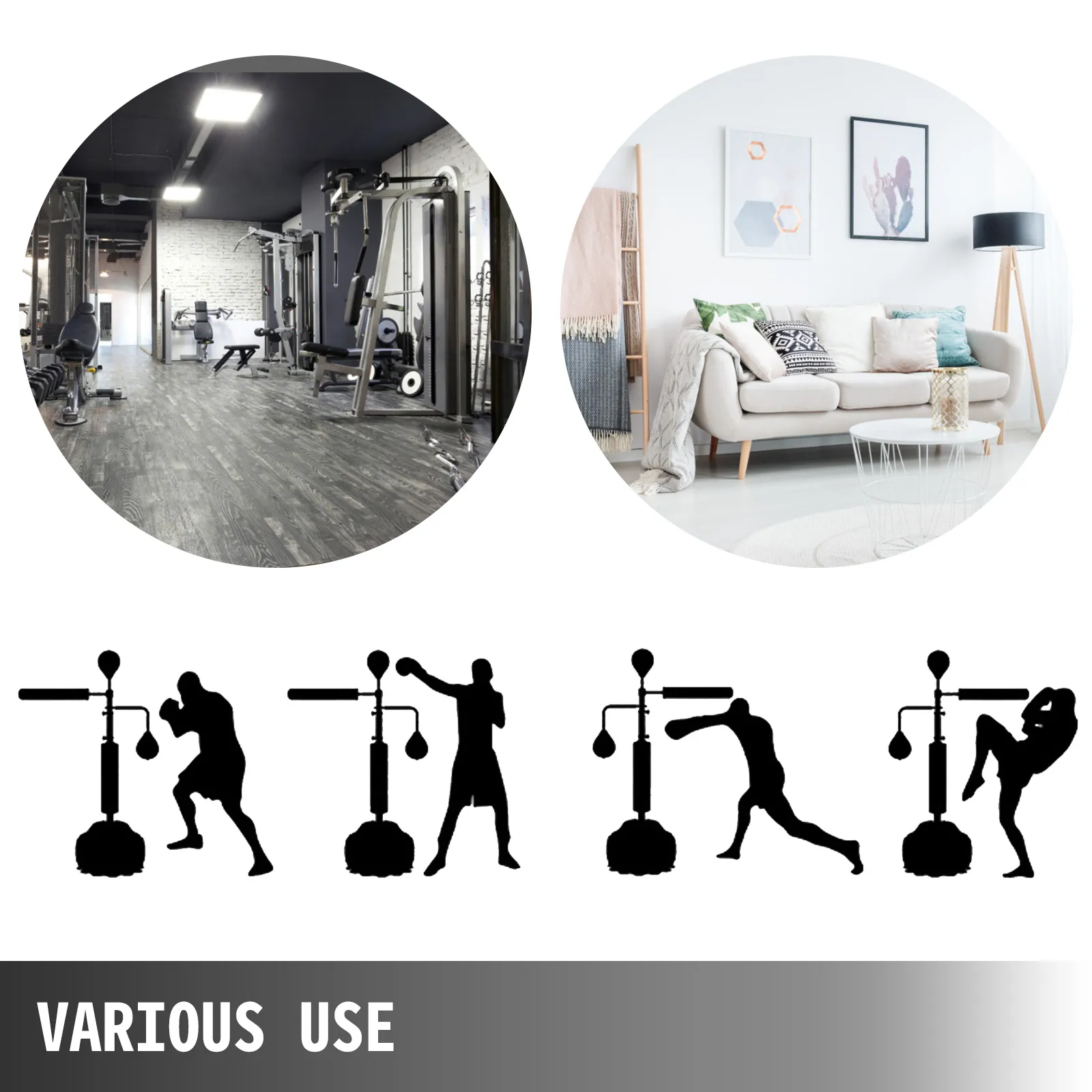 gym and home settings with silhouettes of the VEVOR boxing speed trainer in use.