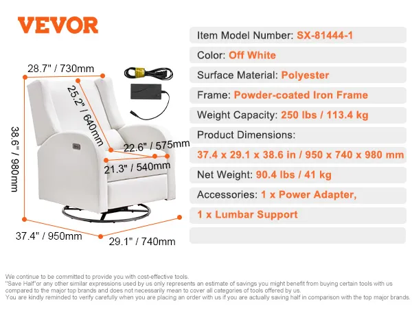 Elektrischer Relaxsessel von VEVOR in Cremeweiß, Maße 95 x 74 x 98 cm, Tragkraft 113 kg, inklusive Netzteil.