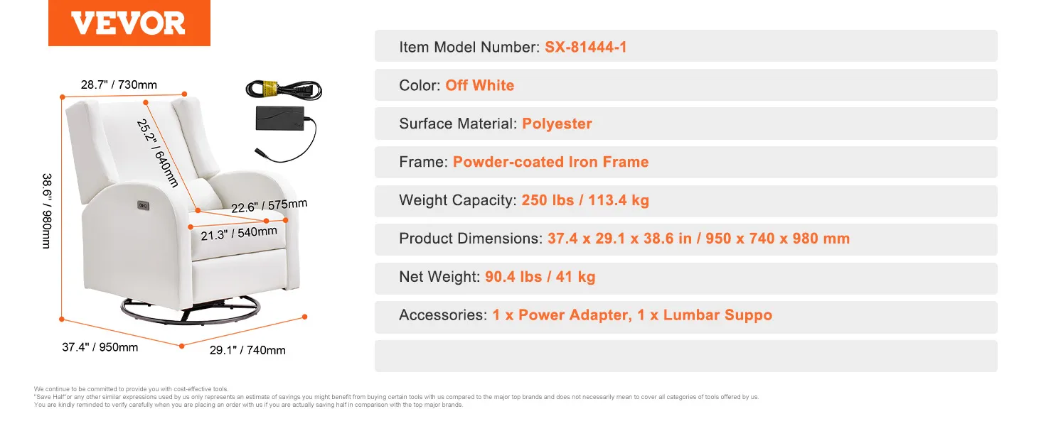 Elektrischer Relaxsessel von VEVOR in Cremeweiß, Maße 95 x 74 x 98 cm, Tragkraft 113 kg, inklusive Netzteil.