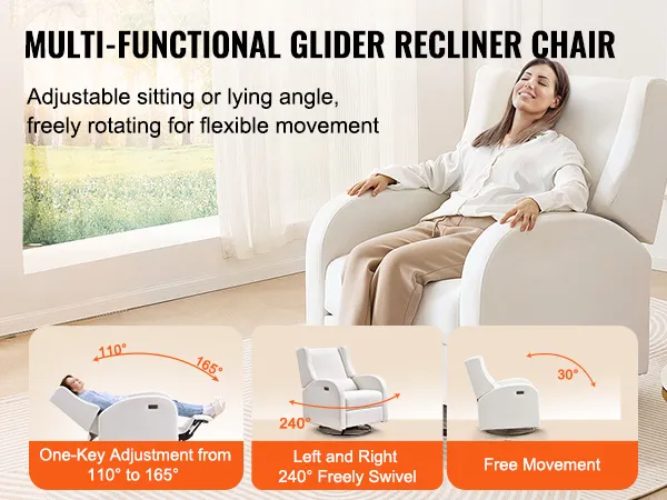 Elektrischer Relaxsessel von VEVOR mit einstellbaren Winkeln von 110° bis 165°, 240° Schwenkbarkeit und 30° Freiraum.