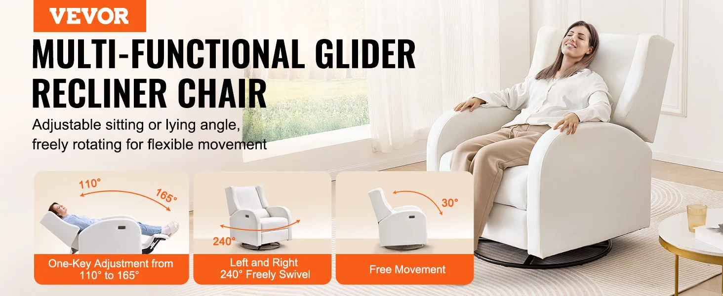 Elektrischer Relaxsessel von VEVOR mit einstellbaren Winkeln von 110° bis 165°, 240° Schwenkbarkeit und 30° Freiraum.