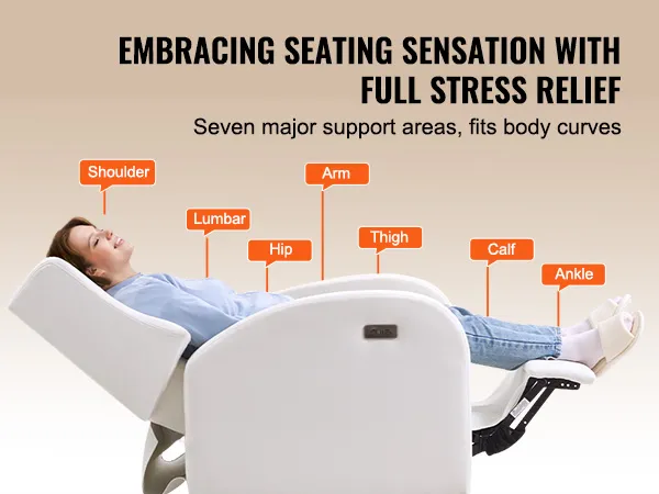 Der elektrische Ruhesessel von VEVOR bietet umfassende Stresslinderung mit Unterstützung für Schulter, Lendenwirbelsäule, Hüfte, Arm, Oberschenkel, Wade und Knöchel.