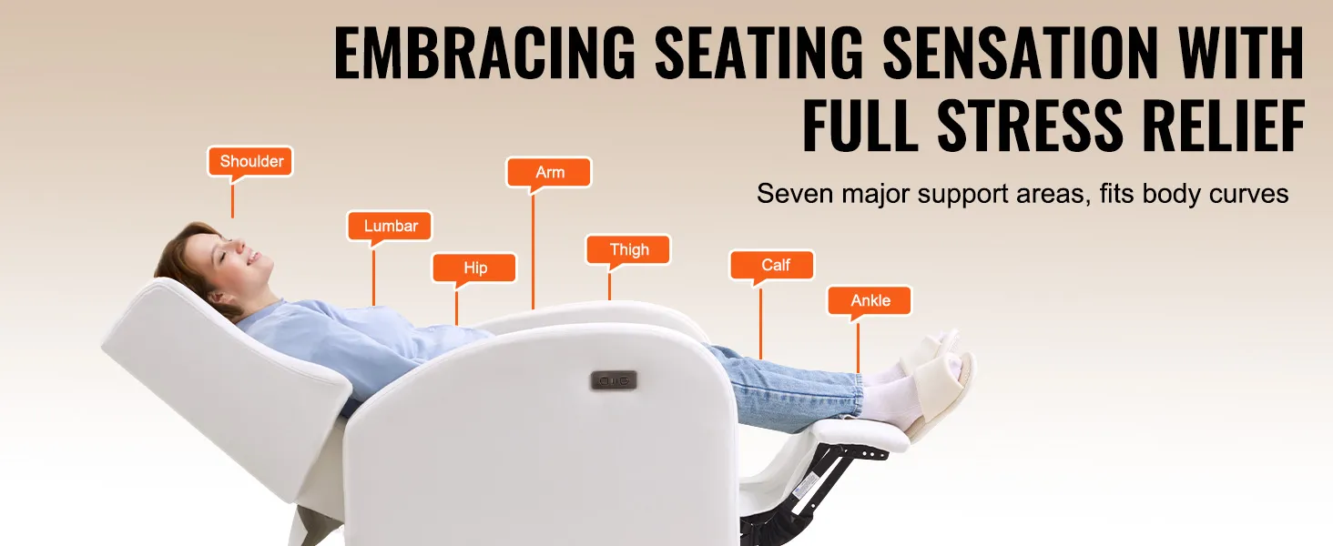 Der elektrische Ruhesessel von VEVOR bietet umfassende Stresslinderung mit Unterstützung für Schulter, Lendenwirbelsäule, Hüfte, Arm, Oberschenkel, Wade und Knöchel.