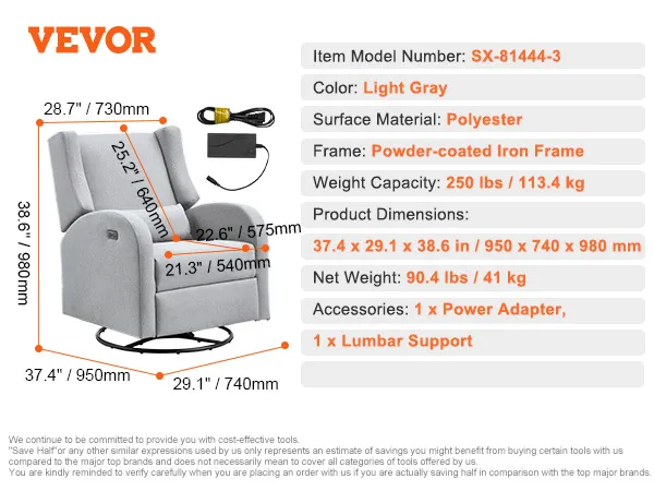 Fotel rozkładany VEVOR w kolorze jasnoszarym, z tkaniną poliestrową, ramą z malowanego proszkowo żelaza, o podanych wymiarach.