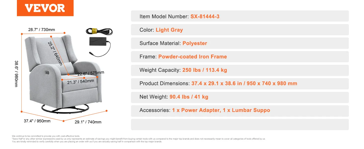 Fotel rozkładany VEVOR w kolorze jasnoszarym, z tkaniną poliestrową, ramą z malowanego proszkowo żelaza, o podanych wymiarach.