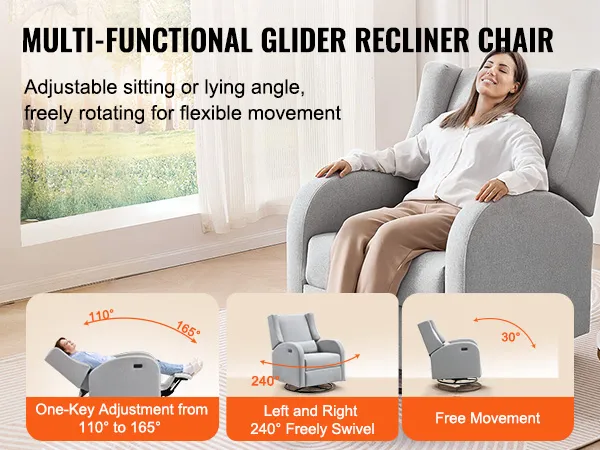 Fotel rozkładany VEVOR w kolorze szarym, z regulowanym kątem siedzenia i leżenia oraz obrotową podstawą o zakresie 240°.