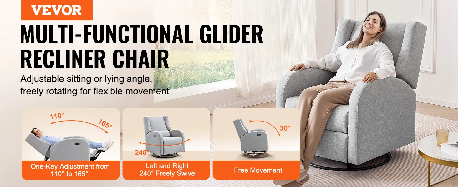 Fotel rozkładany VEVOR w kolorze szarym, z regulowanym kątem siedzenia i leżenia oraz obrotową podstawą o zakresie 240°.