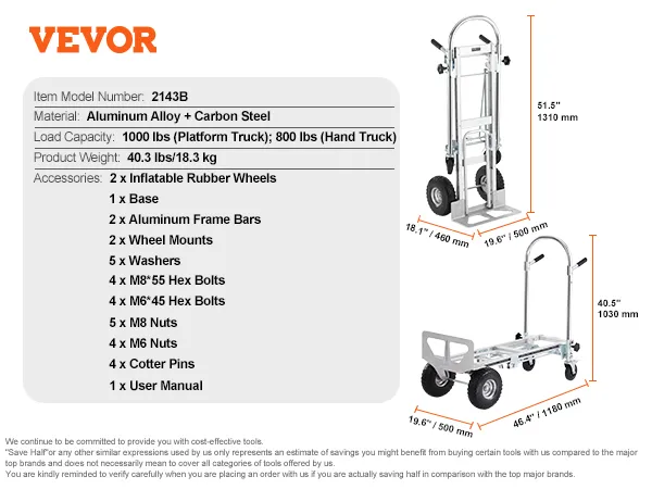 VEVOR aluminum folding hand truck 2143b, 1000 lbs capacity, with dimensions and accessories listed.