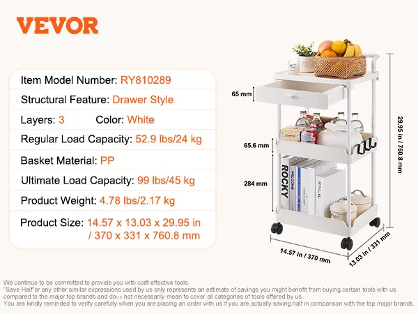 VEVOR rolling utility cart with 3 white layers, drawer style, 99 lbs load capacity, and product details.
