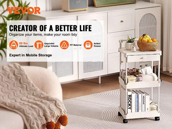 VEVOR rolling utility cart in a tidy room with white furniture, holding books and kitchen items.
