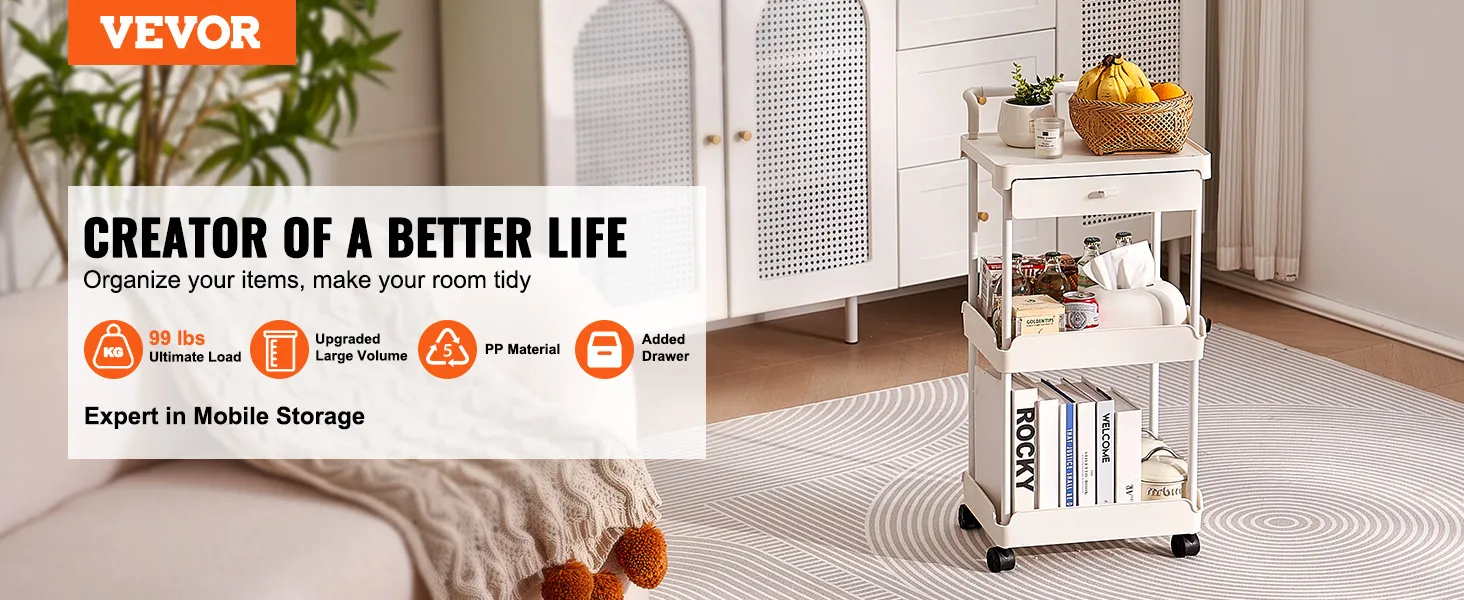 VEVOR rolling utility cart in a tidy room with white furniture, holding books and kitchen items.