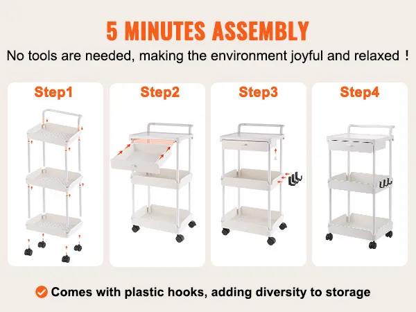5 minutes assembly of VEVOR rolling utility cart, no tools needed, with plastic hooks for varied storage.