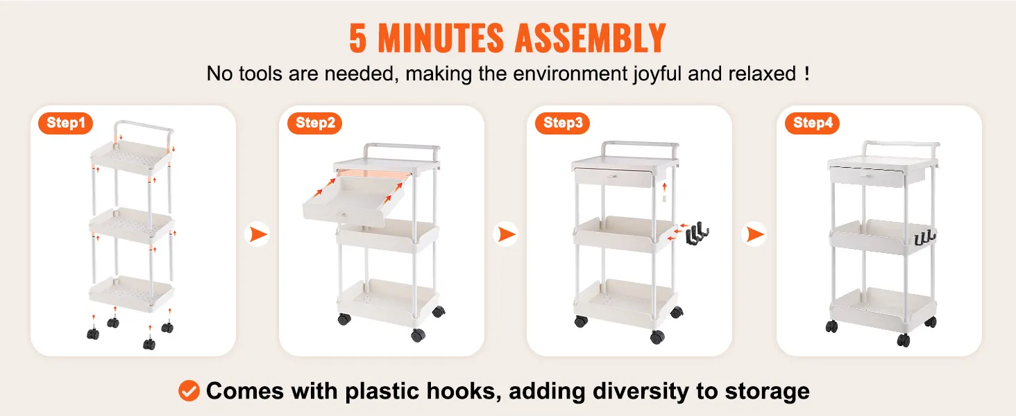 5 minutes assembly of VEVOR rolling utility cart, no tools needed, with plastic hooks for varied storage.