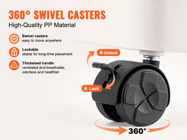 VEVOR rolling utility cart with 360° swivel casters, lockable wheels, and high-quality pp material.