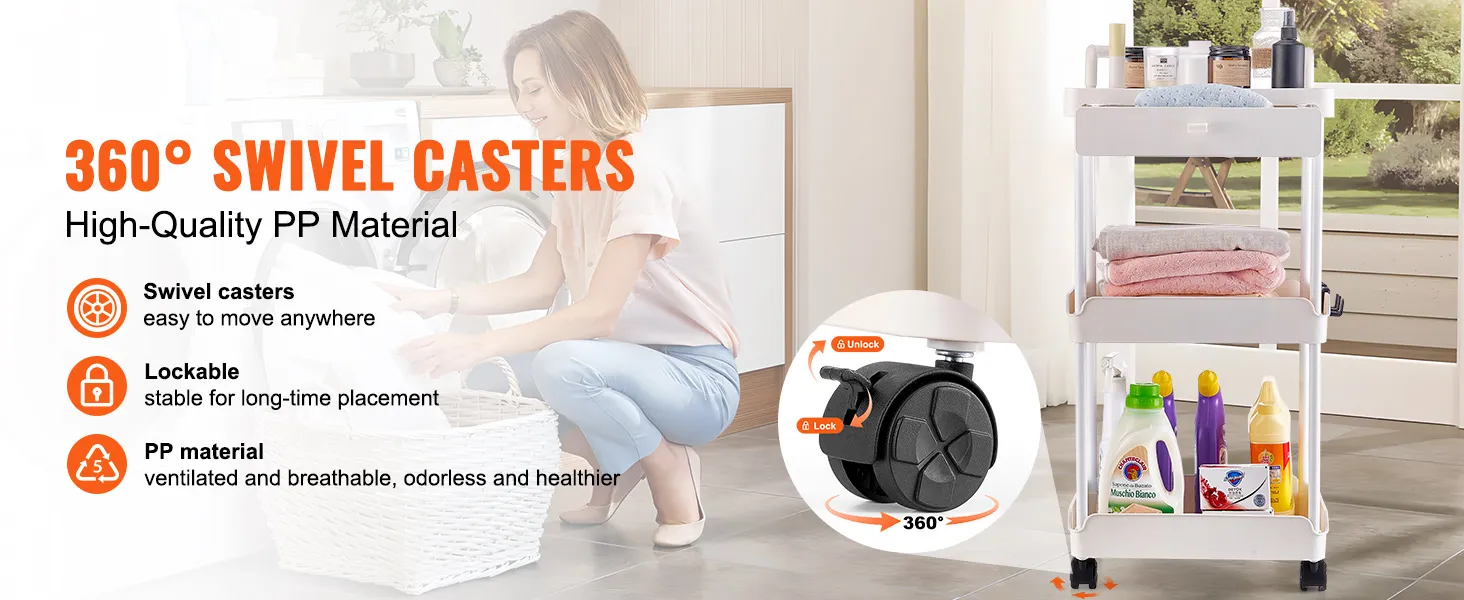 VEVOR rolling utility cart with 360° swivel casters, lockable wheels, and high-quality pp material.