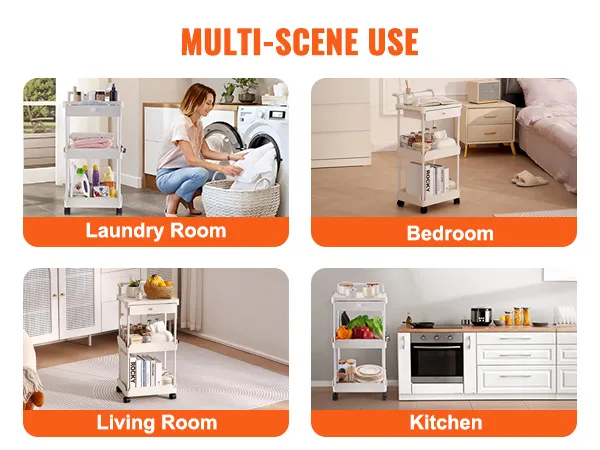 VEVOR rolling utility cart in laundry room, bedroom, living room, and kitchen for versatile storage.