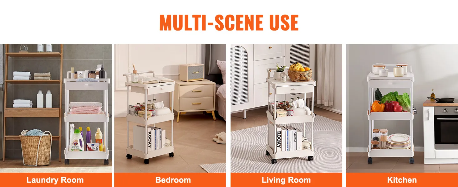 VEVOR rolling utility cart in laundry room, bedroom, living room, and kitchen for versatile storage.