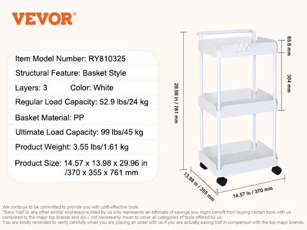 VEVOR rolling utility cart with 3 white baskets, 99 lbs capacity, and dimensions 14.57 x 13.98 x 29.96 in.