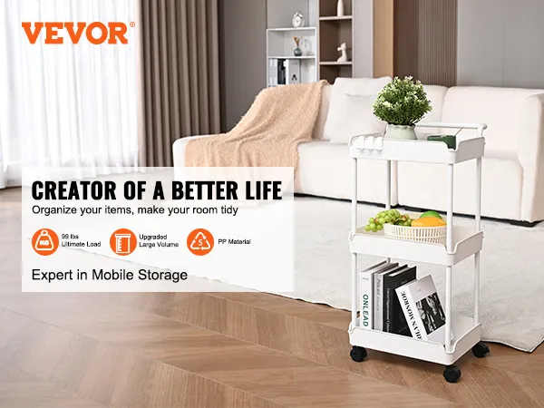white VEVOR rolling utility cart beside a beige sofa with plants, books, and fruits in modern living room
