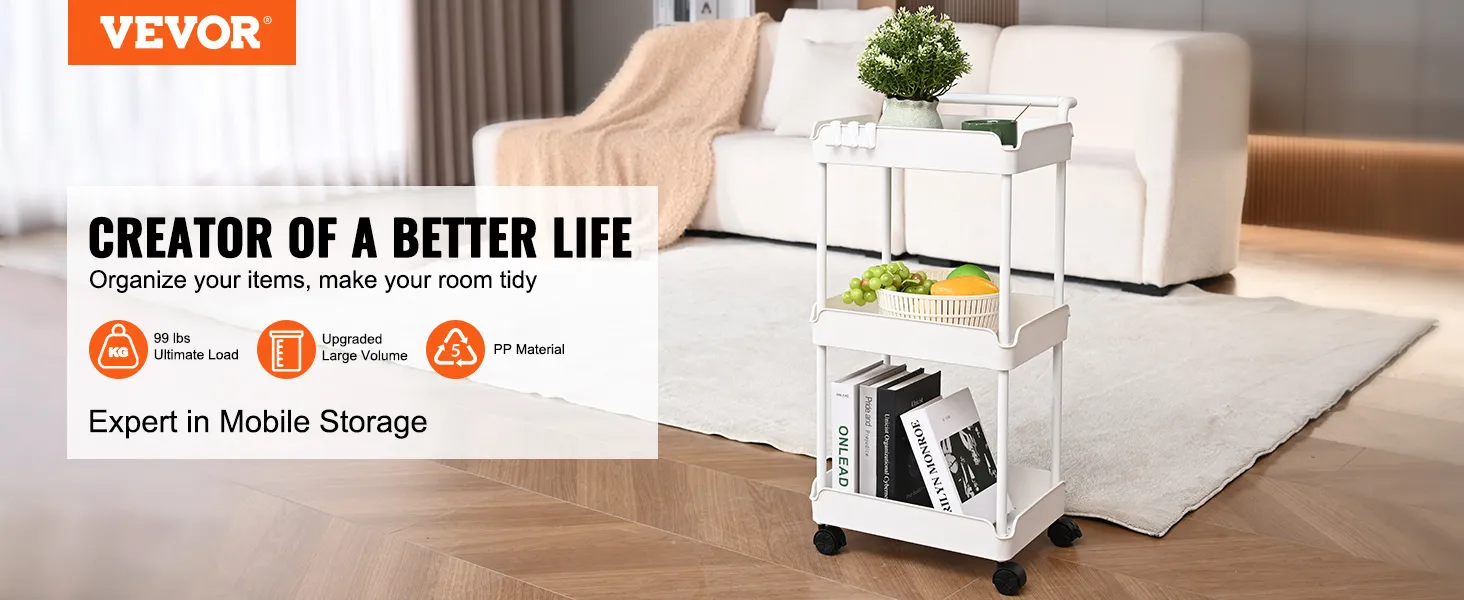 white VEVOR rolling utility cart beside a beige sofa with plants, books, and fruits in modern living room