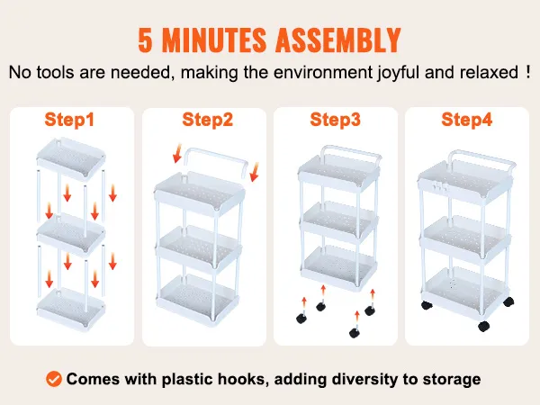 5-minute assembly of VEVOR rolling utility cart in 4 easy steps, no tools needed, includes plastic hooks.