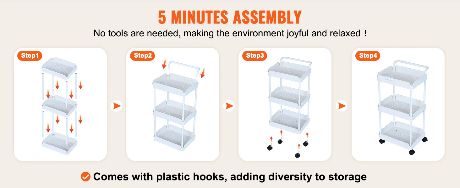 5-minute assembly of VEVOR rolling utility cart in 4 easy steps, no tools needed, includes plastic hooks.