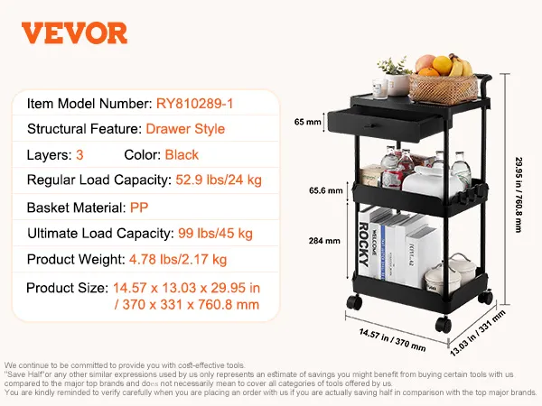 VEVOR rolling utility cart, drawer style, 3 black layers, 52.9 lbs load, 14.57x13.03x29.95 in.
