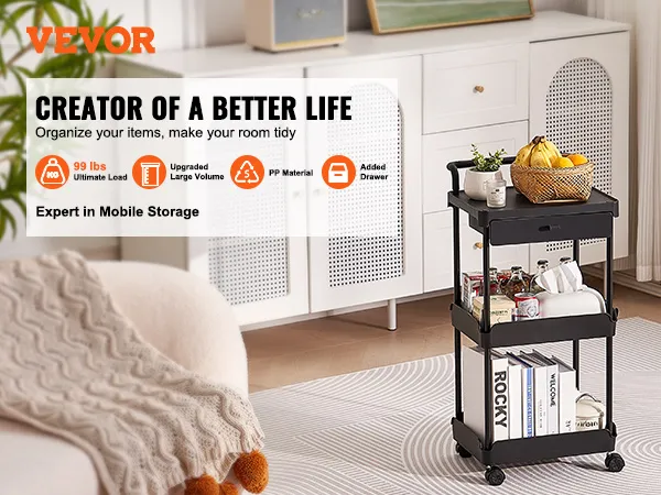 VEVOR rolling utility cart in a cozy room, loaded with books, fruits, and household items.