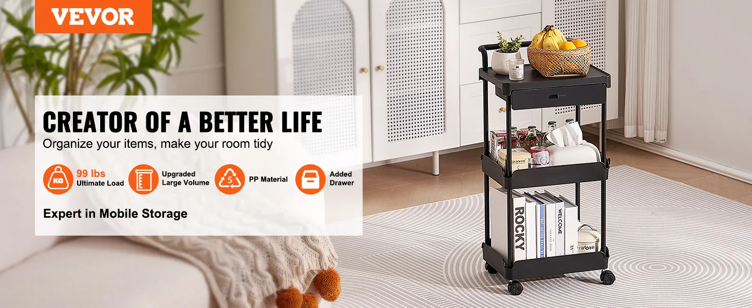 VEVOR rolling utility cart in a cozy room, loaded with books, fruits, and household items.