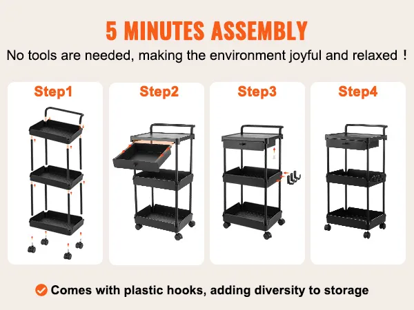 5-minute assembly guide for VEVOR rolling utility cart, featuring plastic hooks and easy setup steps.