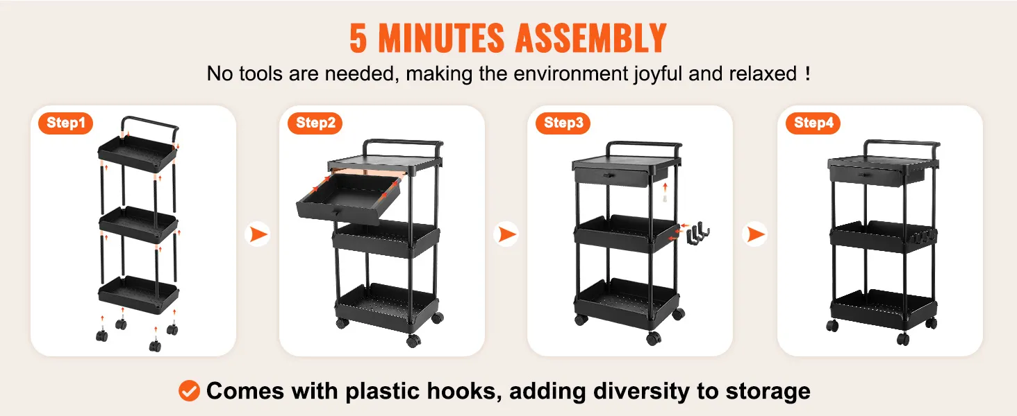 5-minute assembly guide for VEVOR rolling utility cart, featuring plastic hooks and easy setup steps.