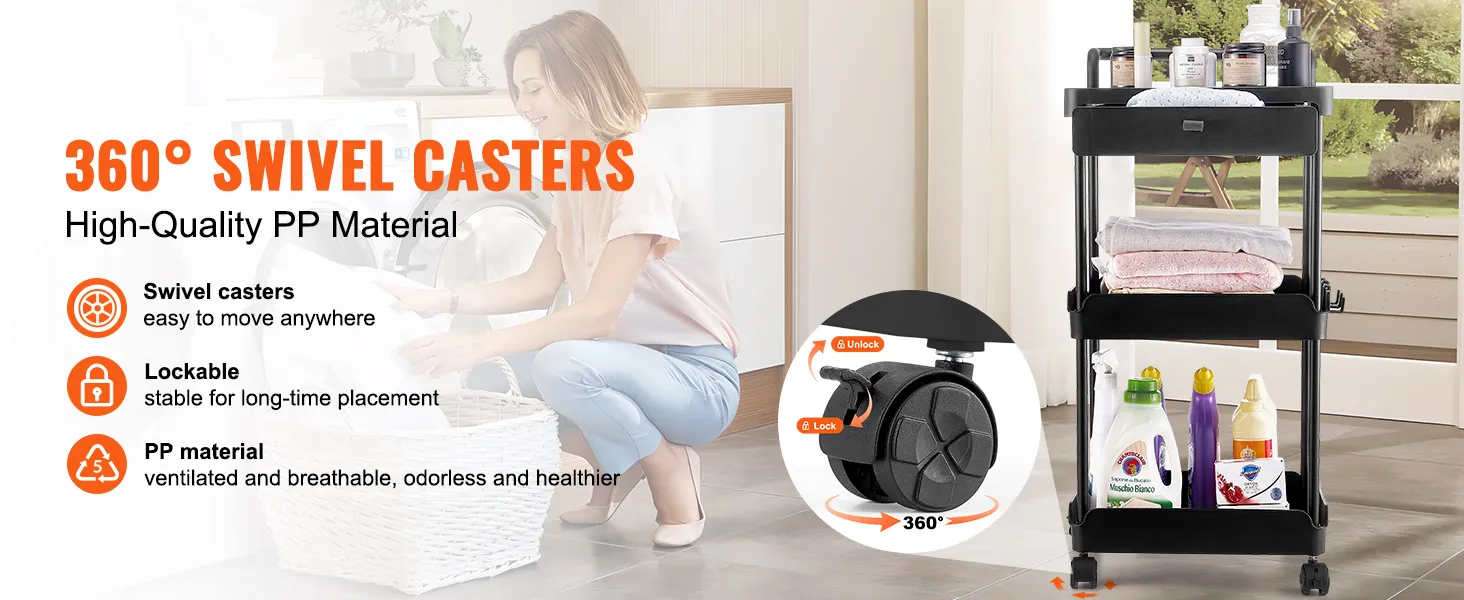 VEVOR rolling utility cart with 360° swivel casters, easy to move, lockable, high-quality pp material.