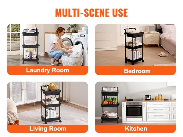 VEVOR rolling utility cart in laundry room, bedroom, living room, and kitchen for versatile storage.
