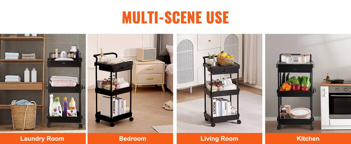 VEVOR rolling utility cart in laundry room, bedroom, living room, and kitchen for versatile storage.