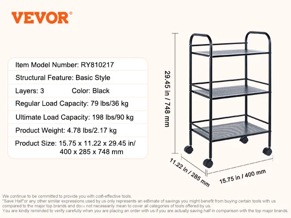 VEVOR rolling cart with 3 black shelves, model ry810217, 29.45 in tall, 400 mm wide, and 285 mm deep.