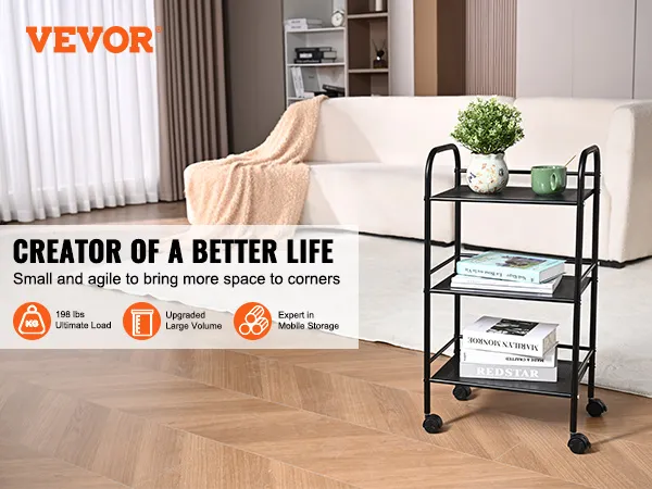 VEVOR rolling cart in a cozy living room, holding books, a plant, and a mug, showcasing its storage efficiency.