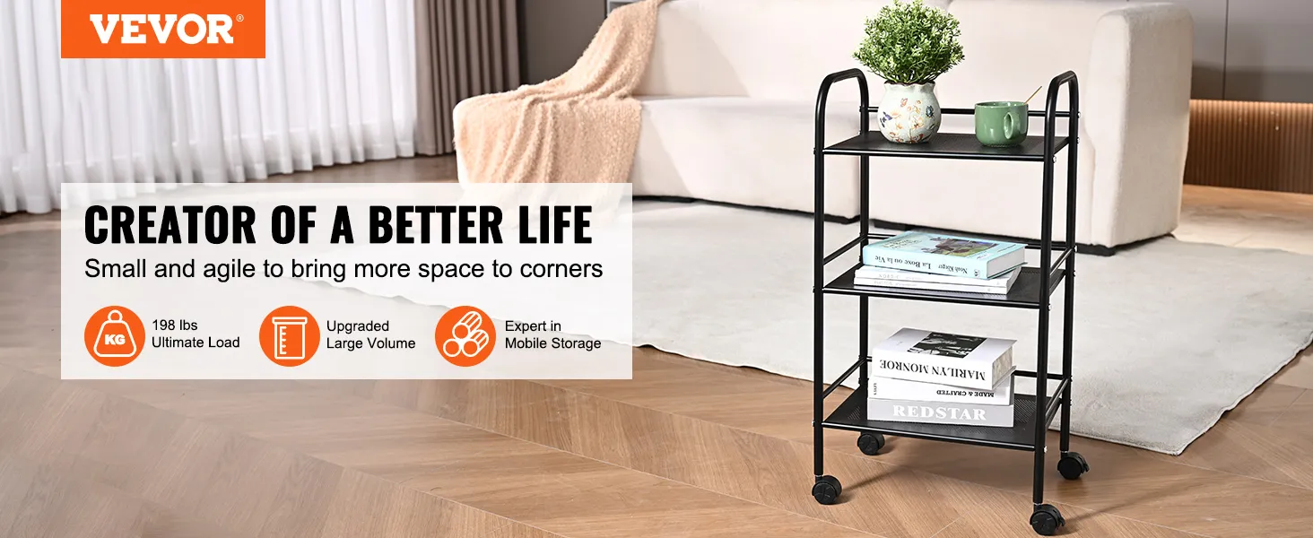 VEVOR rolling cart in a cozy living room, holding books, a plant, and a mug, showcasing its storage efficiency.