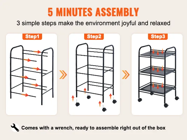 VEVOR rolling cart assembly in 3 simple steps with easy instructions and included wrench for quick setup.