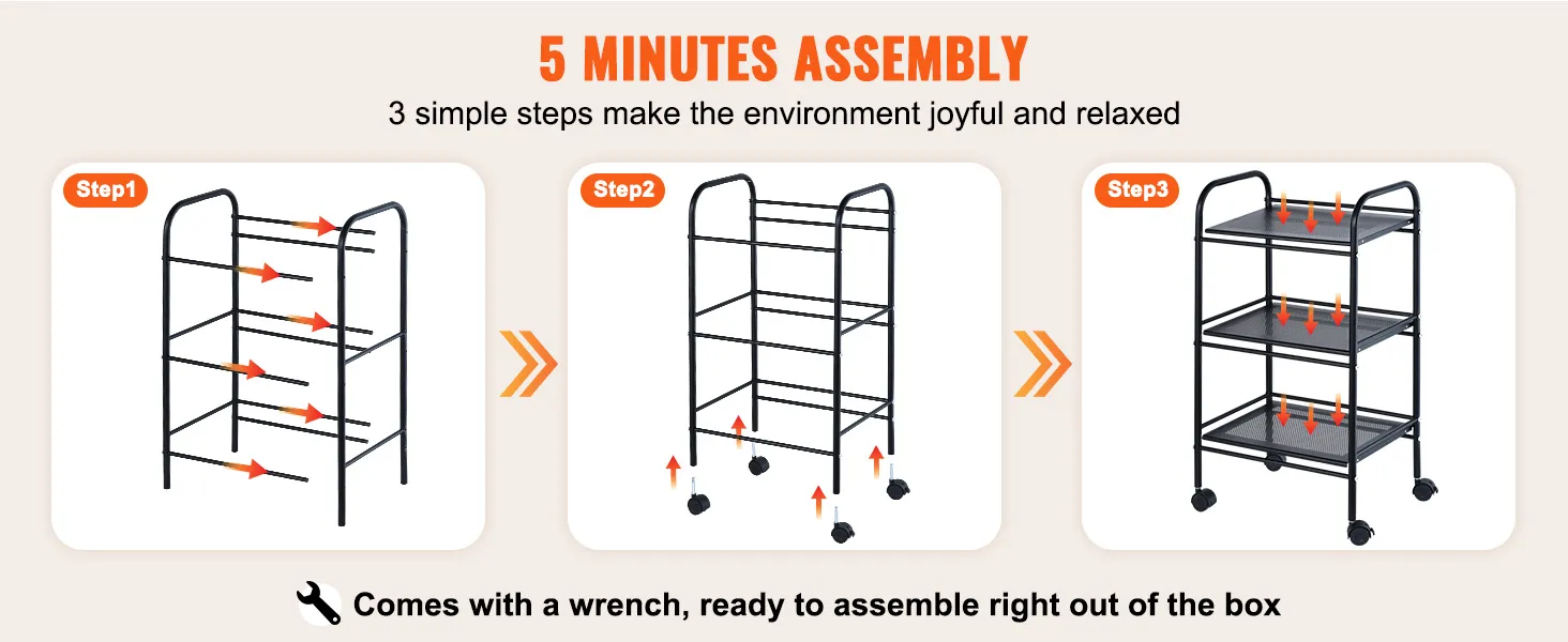 VEVOR rolling cart assembly in 3 simple steps with easy instructions and included wrench for quick setup.