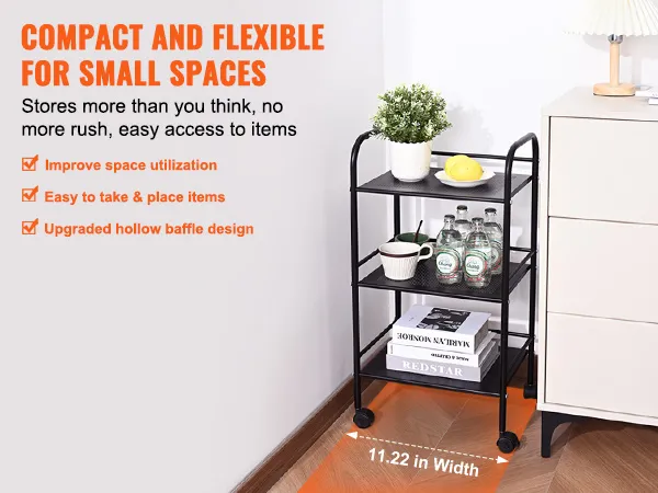compact VEVOR rolling cart in small space, storing books, bottles, plants, highlighted features listed.