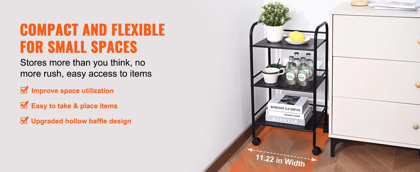 compact VEVOR rolling cart in small space, storing books, bottles, plants, highlighted features listed.