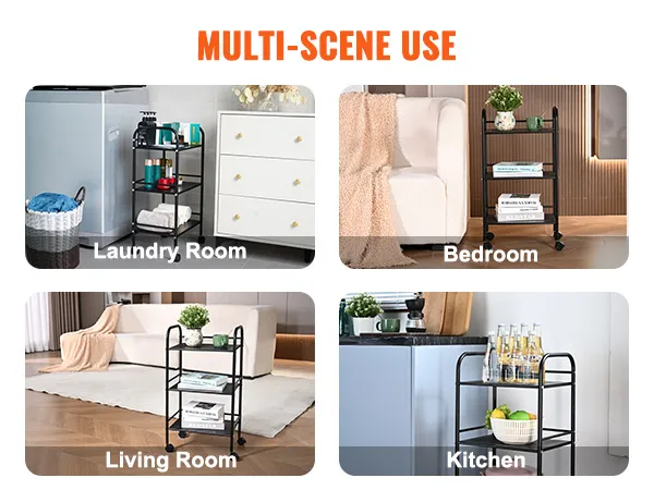 VEVOR rolling cart in laundry room, bedroom, living room, and kitchen setup for versatile use.