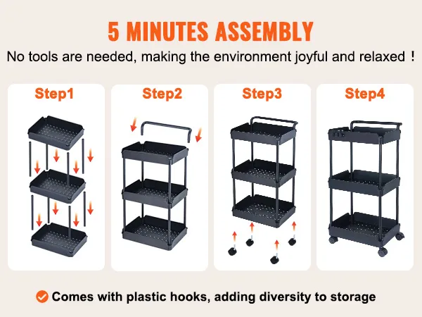 VEVOR 3-tier rolling utility cart assembly steps with hooks, no tools needed, easy and quick setup.