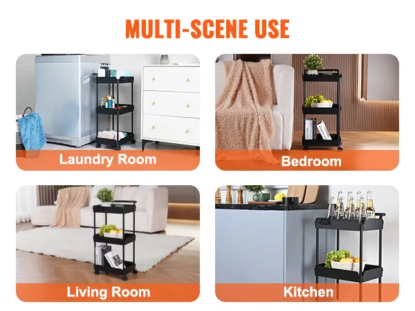 multi-scene use of the VEVOR 3-tier rolling utility cart in laundry, bedroom, living room, and kitchen.