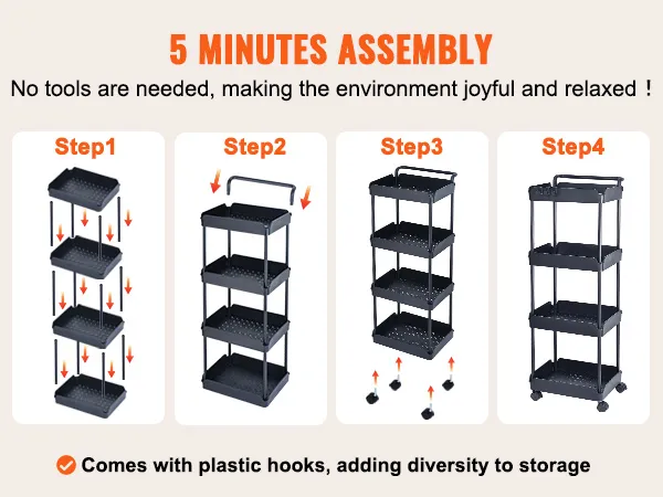 5-minute assembly steps for VEVOR rolling utility cart, from stacking trays to attaching wheels, with plastic hooks.