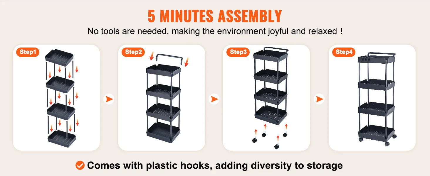 5-minute assembly steps for VEVOR rolling utility cart, from stacking trays to attaching wheels, with plastic hooks.