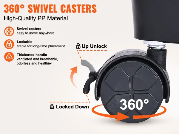 360° swivel casters for VEVOR rolling utility cart with lockable and high-quality pp material.