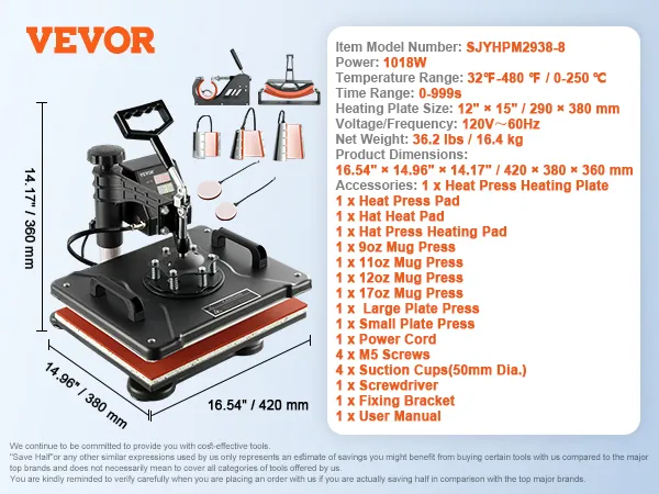8 in 1 Heat Press Machine 12"x15" Digital Transfer T-shirts Mug Hat Plate Cap