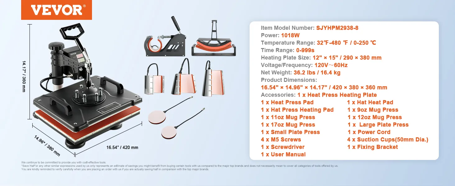 Máquina de prensado térmico VEVOR con accesorios y especificaciones detalladas mostradas.