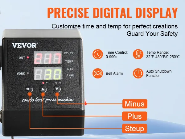 Máquina de prensado térmico VEVOR con pantalla digital precisa, control de tiempo/temperatura y funciones de seguridad.